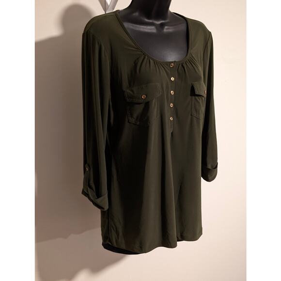 Dressbarn Olive Green Button Tab Long Sleeve Blouse Botton Front Medium - Picture 2 of 5